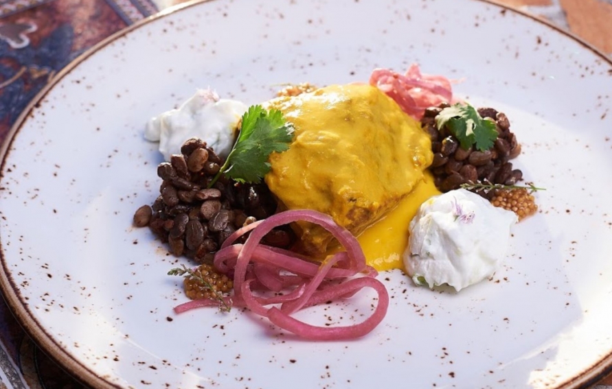 Jesse Paul’s Tepary Bean Rajma & Braised Pork Cheeks with Raita & Pickled Red Onions