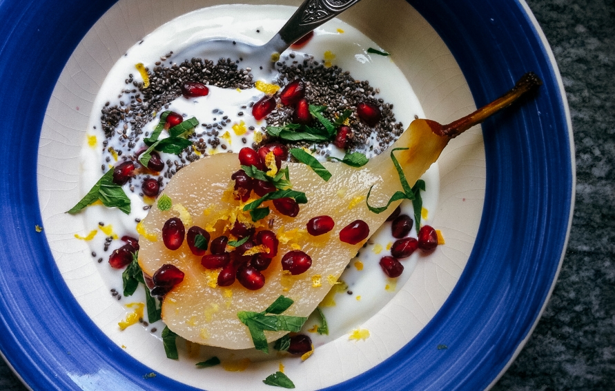 Hawayij-Poached Pears with Mint and Pomegranate