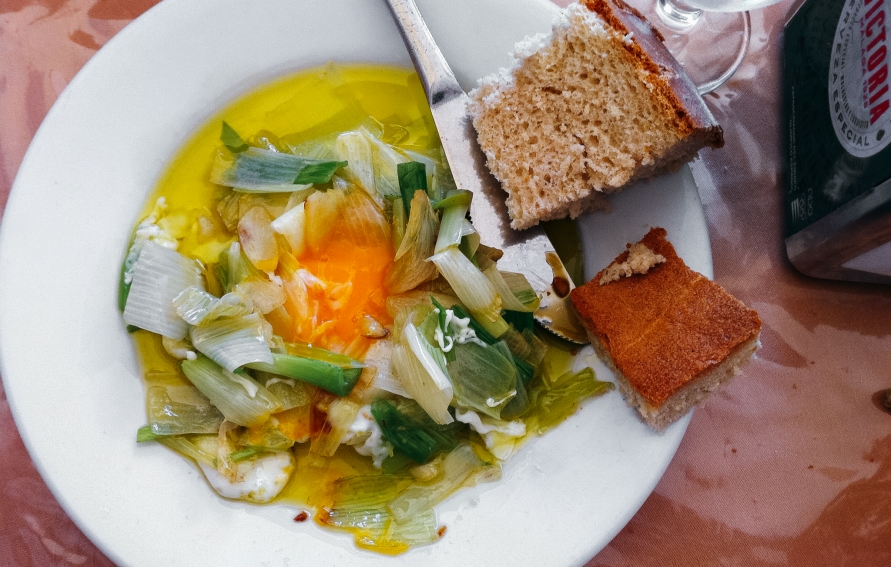 Caramelized Leeks in Olive Oil with Crispy Fried Egg