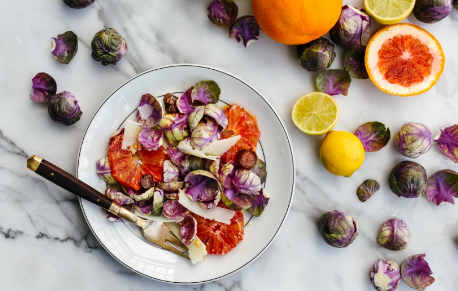 Blood Orange and Purple Brussels Sprout Salad with Date Vinaigrette