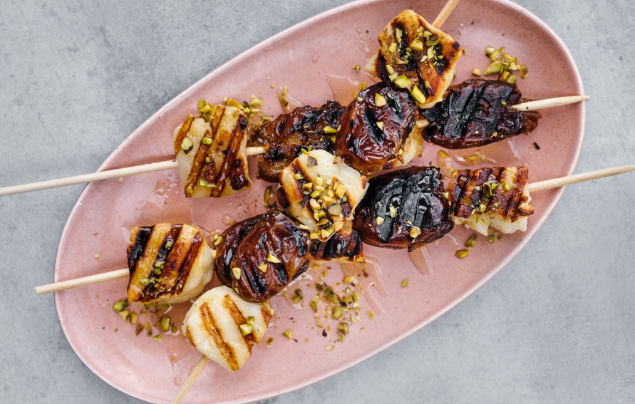 Honey-Pistachio Halloumi and Date Skewers