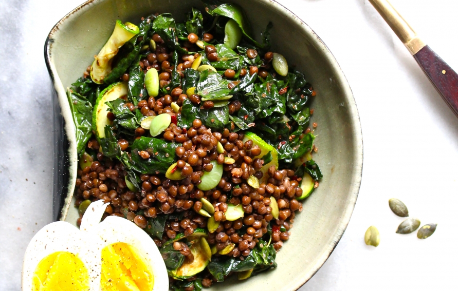 Lentil & Kale Salad with Pumpkin Seeds & Hard Boiled Egg