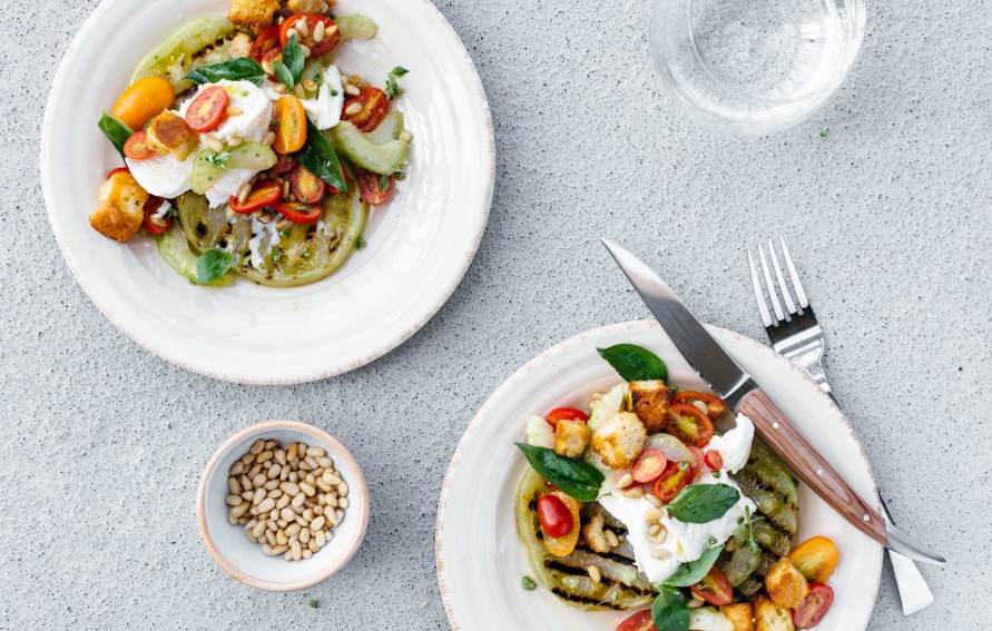 Farmers Market Grilled Green Tomato Panzanella Salad