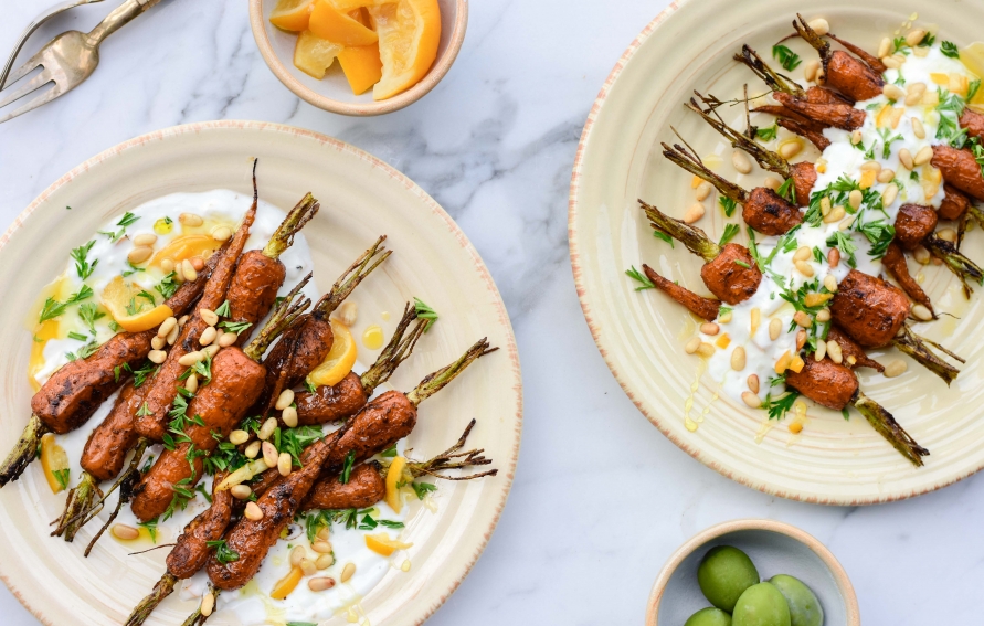 Baharat Roasted Carrots with Preserved Lemon Yogurt and Pine Nuts
