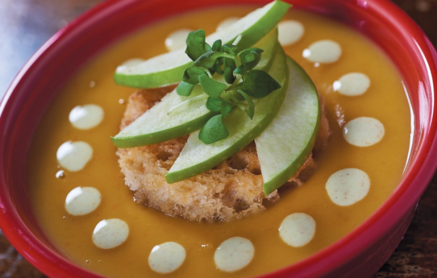 Apple & Sweet Potato Soup with Cinnamon Croutons & Curried Crème Fraîche