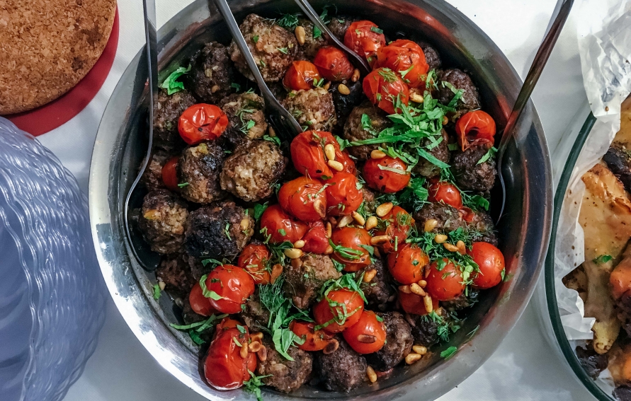 Beef and Toasted Pine Nut Kebabs with Blistered Tomatoes