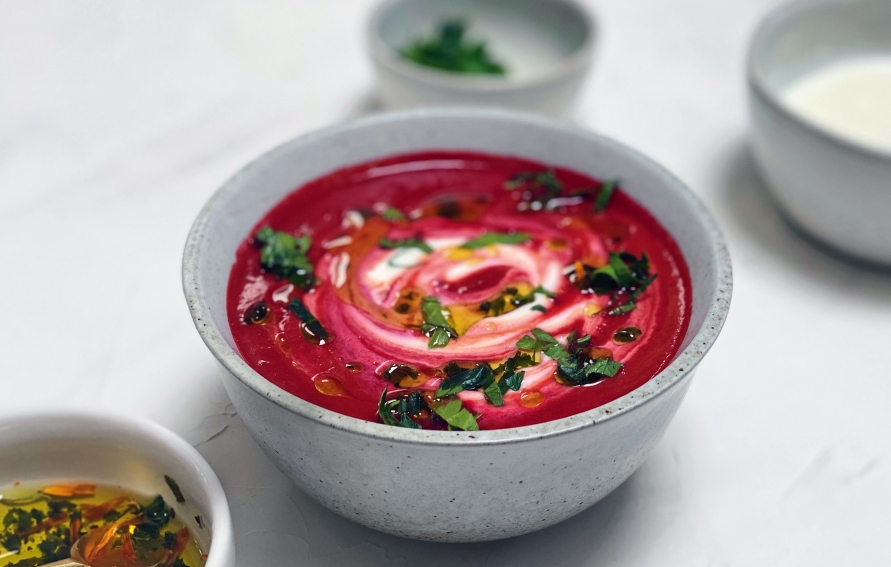 Creamy Beet Soup with Cilantro Oil and Yogurt