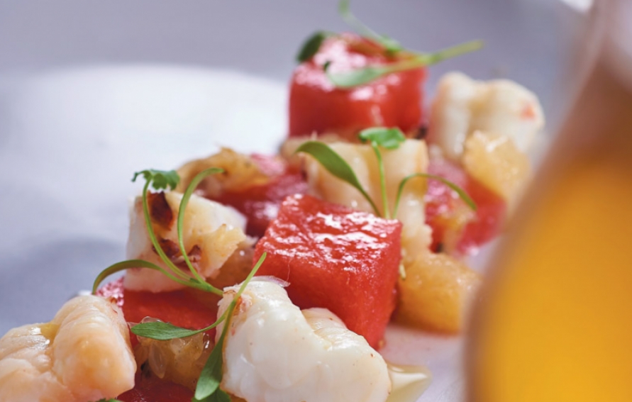 Poached Lobster & Compressed Watermelon Salad with Grapefruit Two Ways