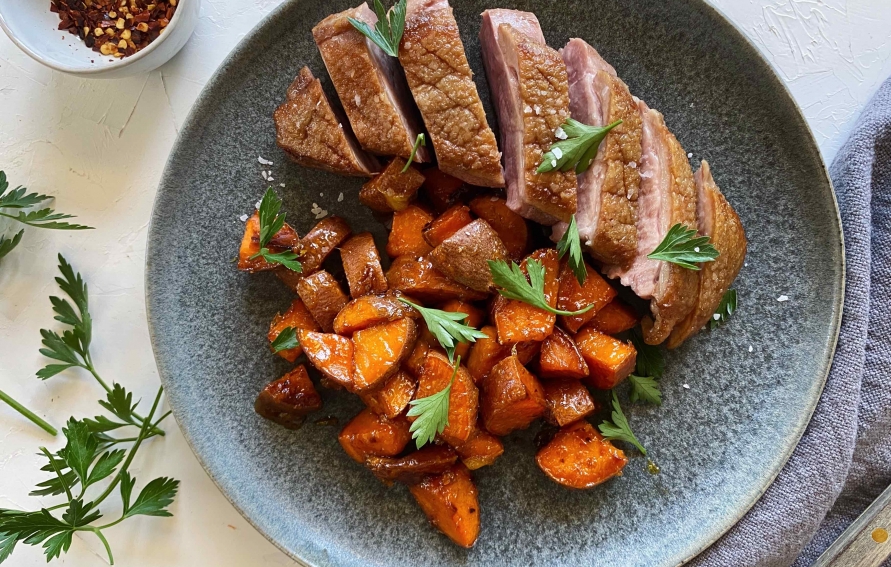 Perfect Pan-Seared Duck Breast with Orange-Chili Glazed Sweet Potato