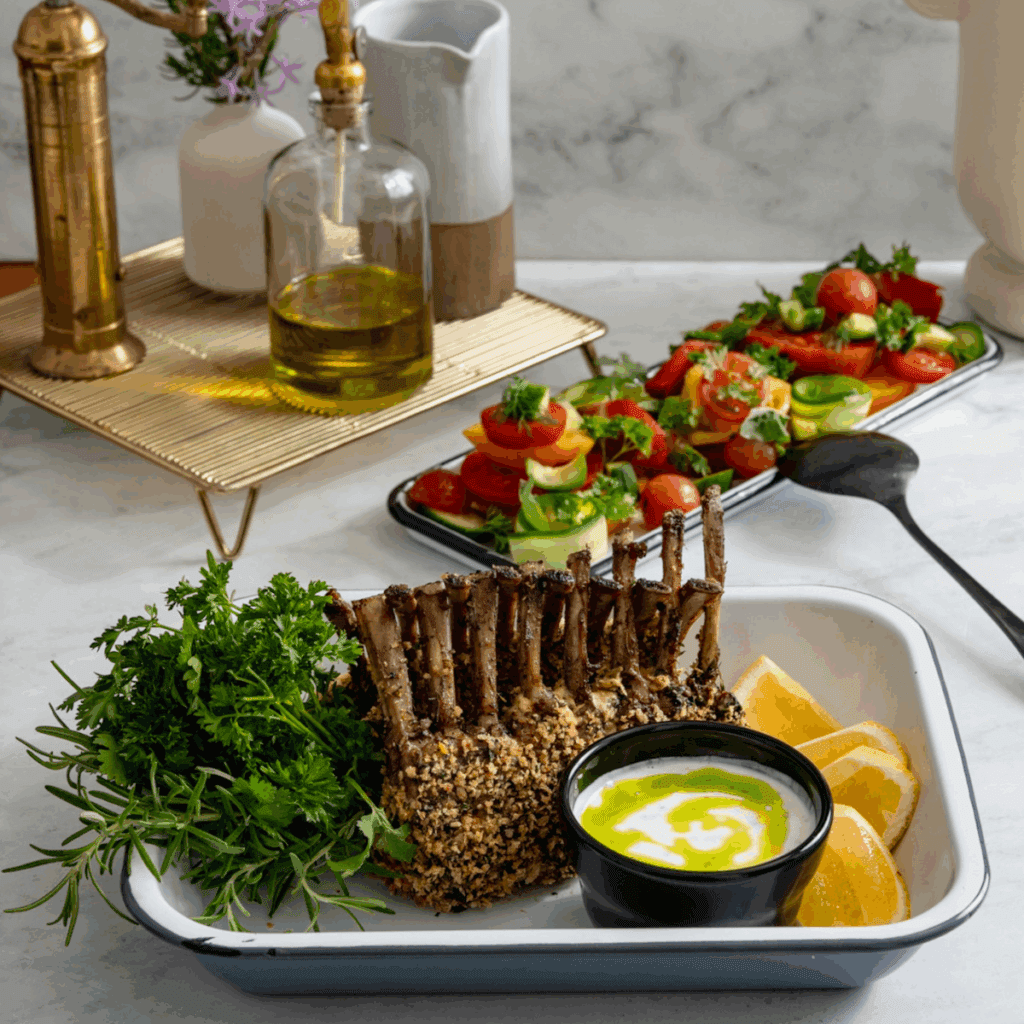 Herb-Crusted Rack of Lamb with Mint-Garlic Yogurt andChive Oil