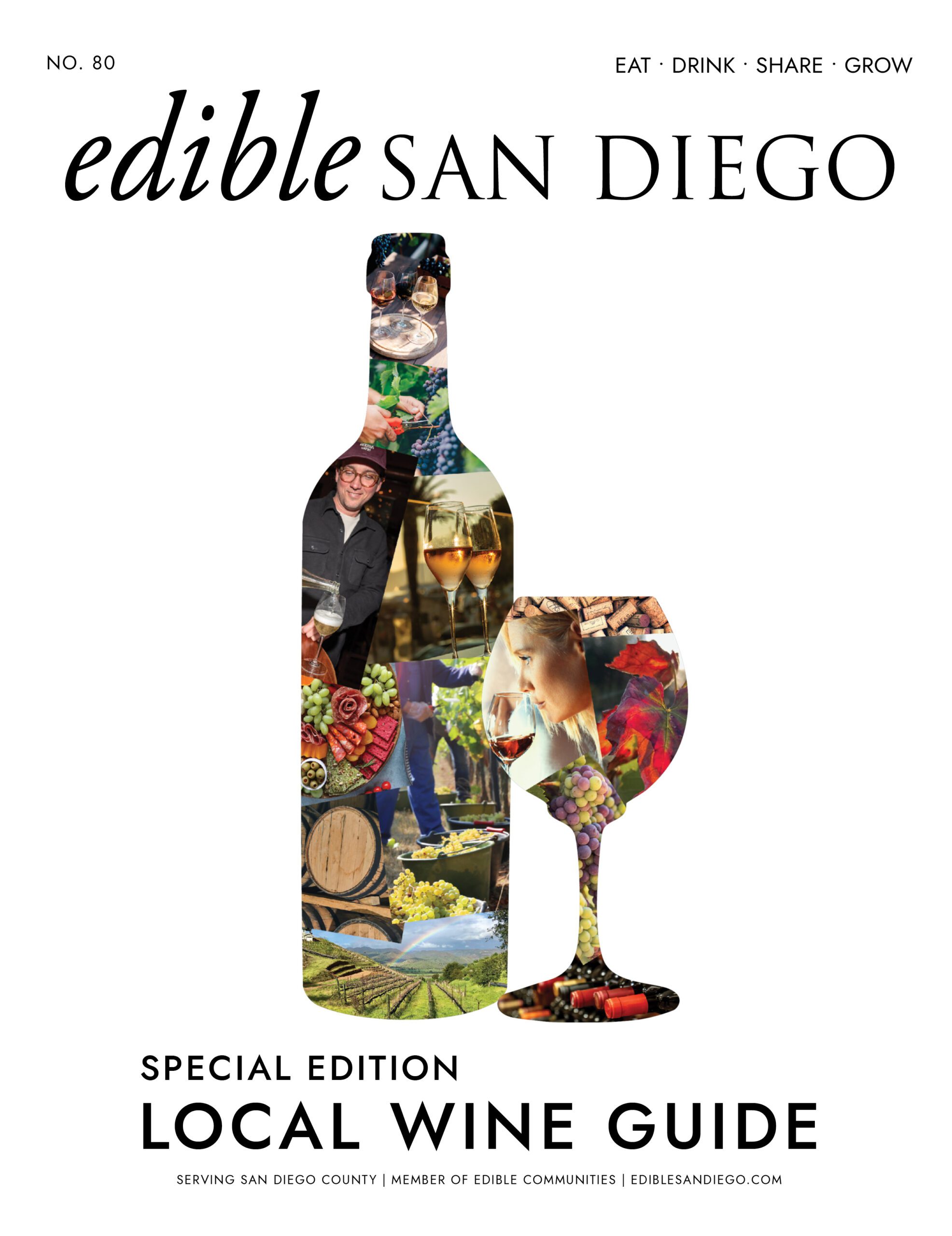 Edible San Diego Issue 80 cover features a collage composition of images about wine and winemaking in the shape of a wine bottle with a wine glass on a white background.